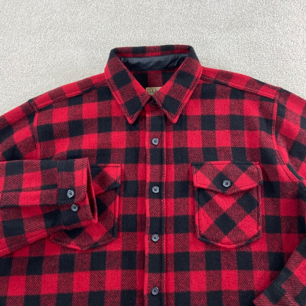 LL Bean Flannel Shirt Mens L Red Black Buffalo Plaid Wool Blend Heavyweight